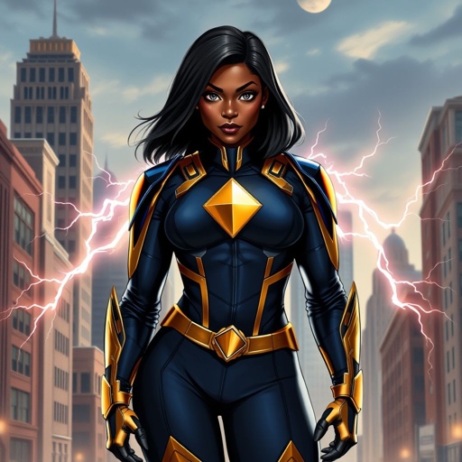 African American female superhero with hair in a shoulder length side part hairstyle with pure silver Glowing eyes wearing a leather slightly armored navy blue and gold suit with navy blue pants and gold boots with a diamond with the top half gold and the bottom half black her chest emblem with wings made of lightning in Philadelphia