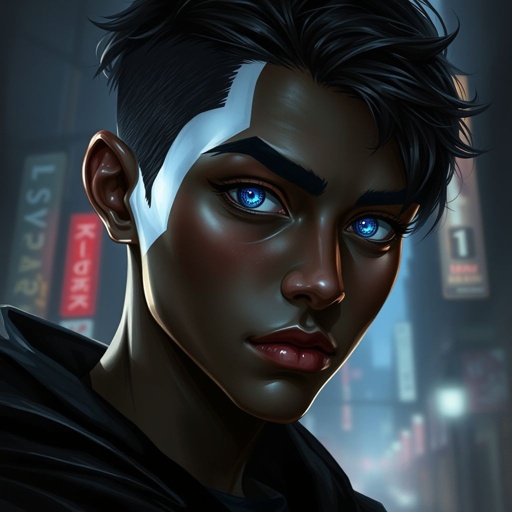 A dark, really dark, skin teenager that has a white patch on his right side front hair that also goes on his eyebrow and lashes. He has bright, incredibly light, blue eyes. He has almond shaped eyes. He’s on the skinny side because he’s really tall, like 6’1 tall.