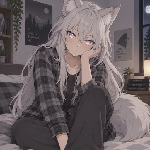 Teenage werewolf, girl, flannel, pants, silver long hair, silver fur tail and ears, silver eyes
