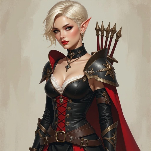Blonde Pixie Cut High Elf Fantasy Cleric Assassin black and Red mini skirt 