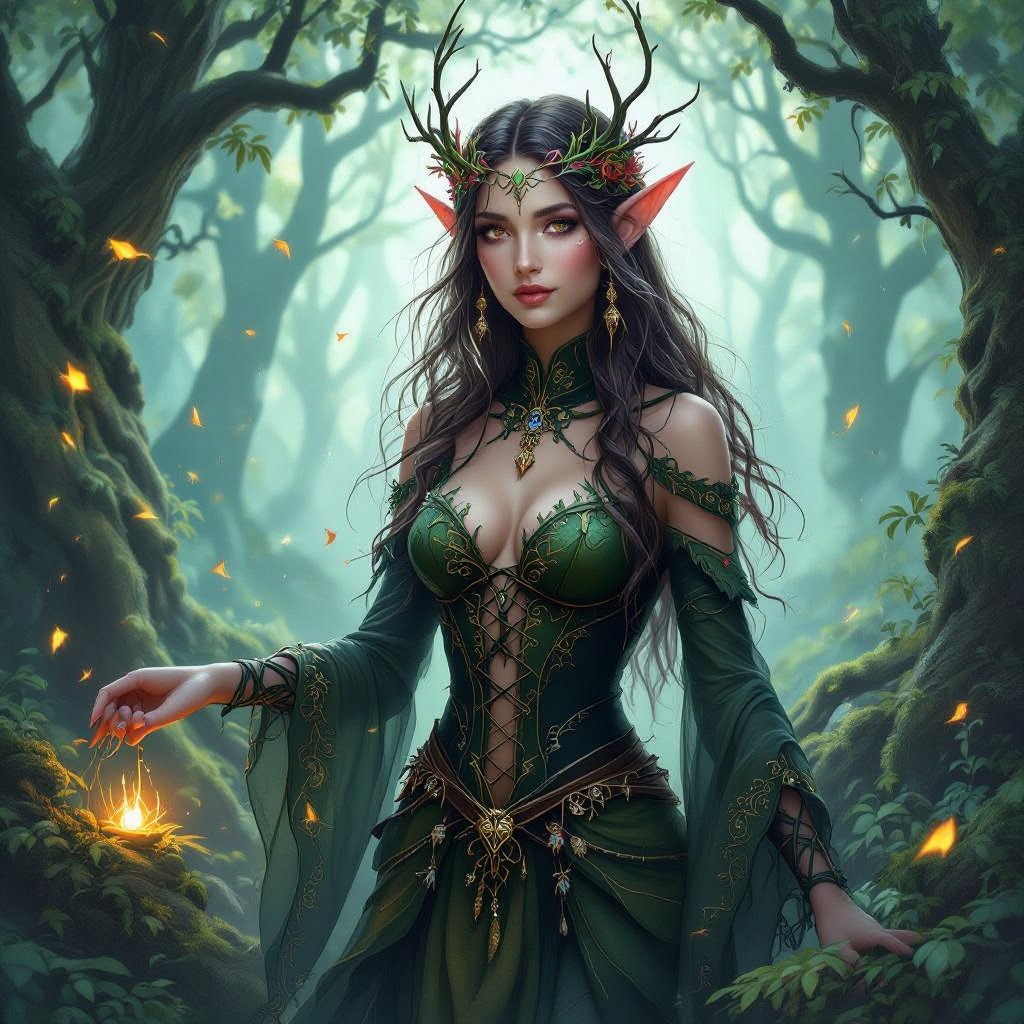 Women tree elf in the woods in a Halloween costume a