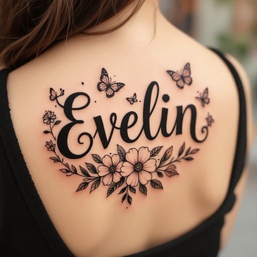 The name Evelin with Butterflies and flowers tattoo 