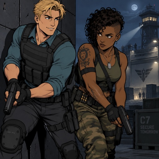 Male, short messy wavy blonde hair, brushed side hair, hair in middle of forehead, smiling, cyan shirt, plain flat bulletproof vest, fingerless gloves, knee pads, belt with gun, Female, African American, curly half shaved short hair, green tank top, camo pants, belt with bullets, fingerless gloves, dog tags, belt across chest, arm strap, tattoos, gun, on a secret mission
