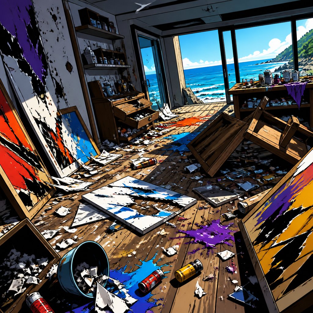Vivid colours no speech bubble no people no signs broken paintings The interior of an artist studio facing the ocean is being completely ransacked and destroyed paintings, torn and garbage and paint litter the floor