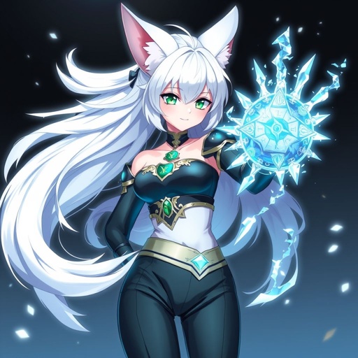 (Genshin Impact based) A pale teenage girl with a Cryo Vision wearing a royal black top and trousers with hair and small fox ears as white as snow with emerald eyes and conducting ice. She also has an ancient mythical right arm