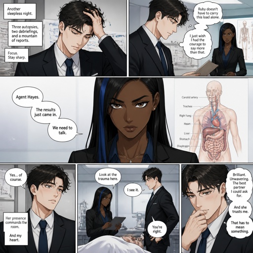 Anime style, Agent Ward nice wave hair,is tallish,clean shaven,nice,no glasses,cares about partner,shy, good at his job,very organized but when a lot of work happens all at one and there’s a limited time he can get very disheveled,likes his partner but to scared to admit it,is smart,his partner Ruby she's dark skin with silk press hair with a streak of dark blue,serious,intimidating,plays by the rules makes sure she gets all the answers she needs and makes sure those she interrogators gives her all the answers needs very good at interrogating  the suspect to know about,she doesn’t know about Wards feeling,as a comic
