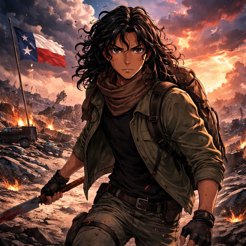 Chaos around all over Texas, a male survivor, with Egyptian skin, long black curly hair