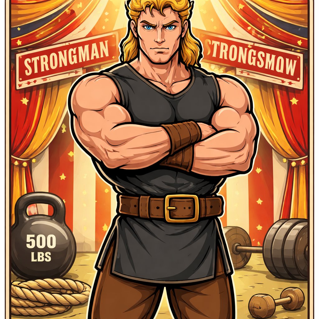A tall well~proportioned male, so handsome he looks like a Greek god with muscles. With deep-set blue eyes and strong brows, hinting at inner depth“. His hairstyle is a blonde mullet. He works at freak show as a strong man. His outfit consistsed of a Charcoal-toned sleeveless Greek tunic, thick leather belt, leather wristbands/cuffs, brown pants.