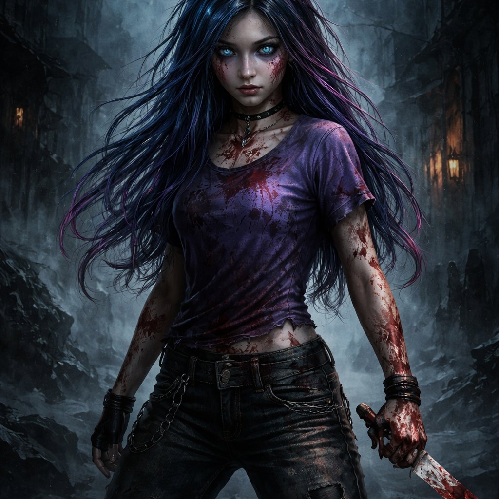 A 17 year old girl who has blue hair with purple and pink stripes and has blue eyes. She is wearing a purple shirt and jeans. She looks strong and determined. She is holding a small knife.