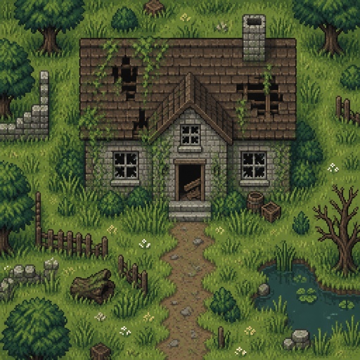 Abandoned house for a modern fantasy game, exterior, top down style