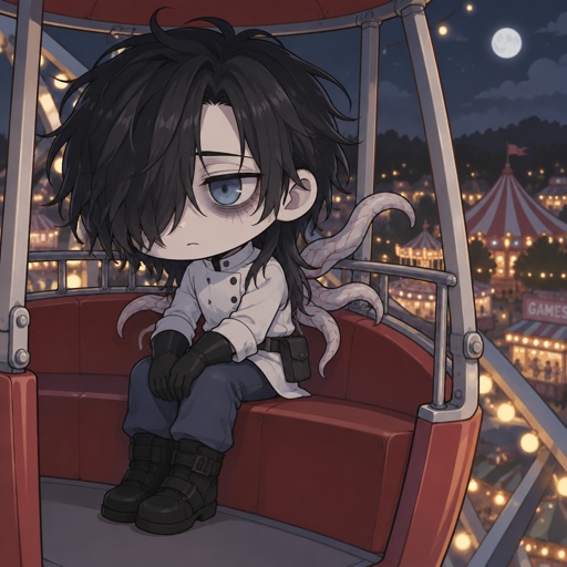 Male, black messy greasy hair, thin shoulder length hair in the back, long hair in the front covering one eye, blue eyes, eye bags, veins under eyes, pale tendrils coming out of back with veins, blue pants, boots, black rubber gloves, short scientist jacket buttoned up, belt with pouch, at a fair alone on the Ferris wheel 