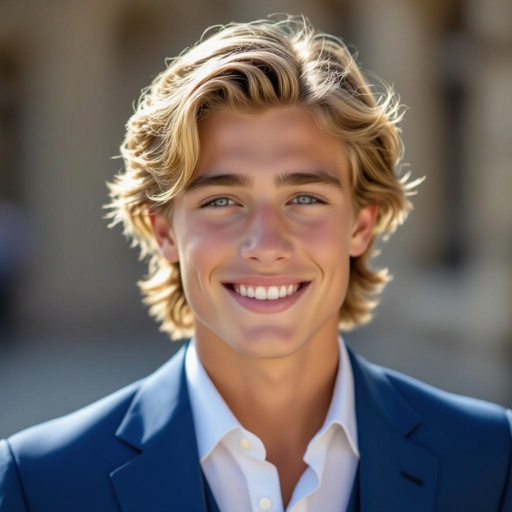 A blonde teenage prince who in a blue suit hot 