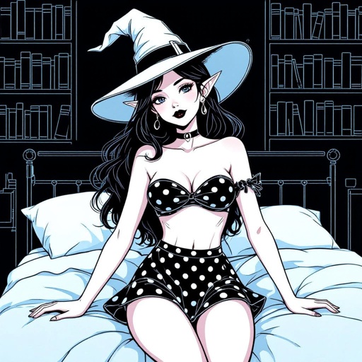 Dark Brunette Elf Witch Librariani with With Hat.  Strapless Bathing Suit Top and Black and white Polka Dot Mini Pencil Skirt laying on Library Bed