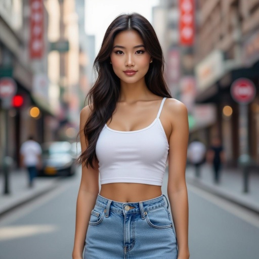 An Asian girl in a crop top and short skirt 