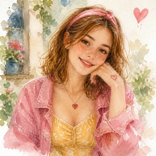 Female, 18, shoulder length light brown hair, pink headband, yellow dress, pink jacket, heart necklace, smiling, heart tattoo on hand
