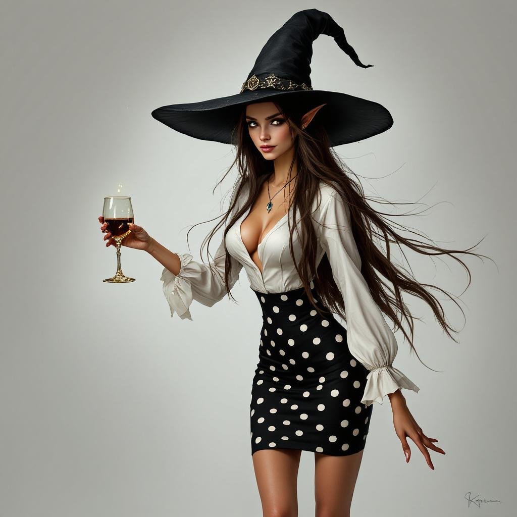 Brunette Elf Wizard Librarian with Long brunette hair in a tight black and white polka dot mini pencil skirt and a white open blouse and a big witches hat. She looks like is SO drunk