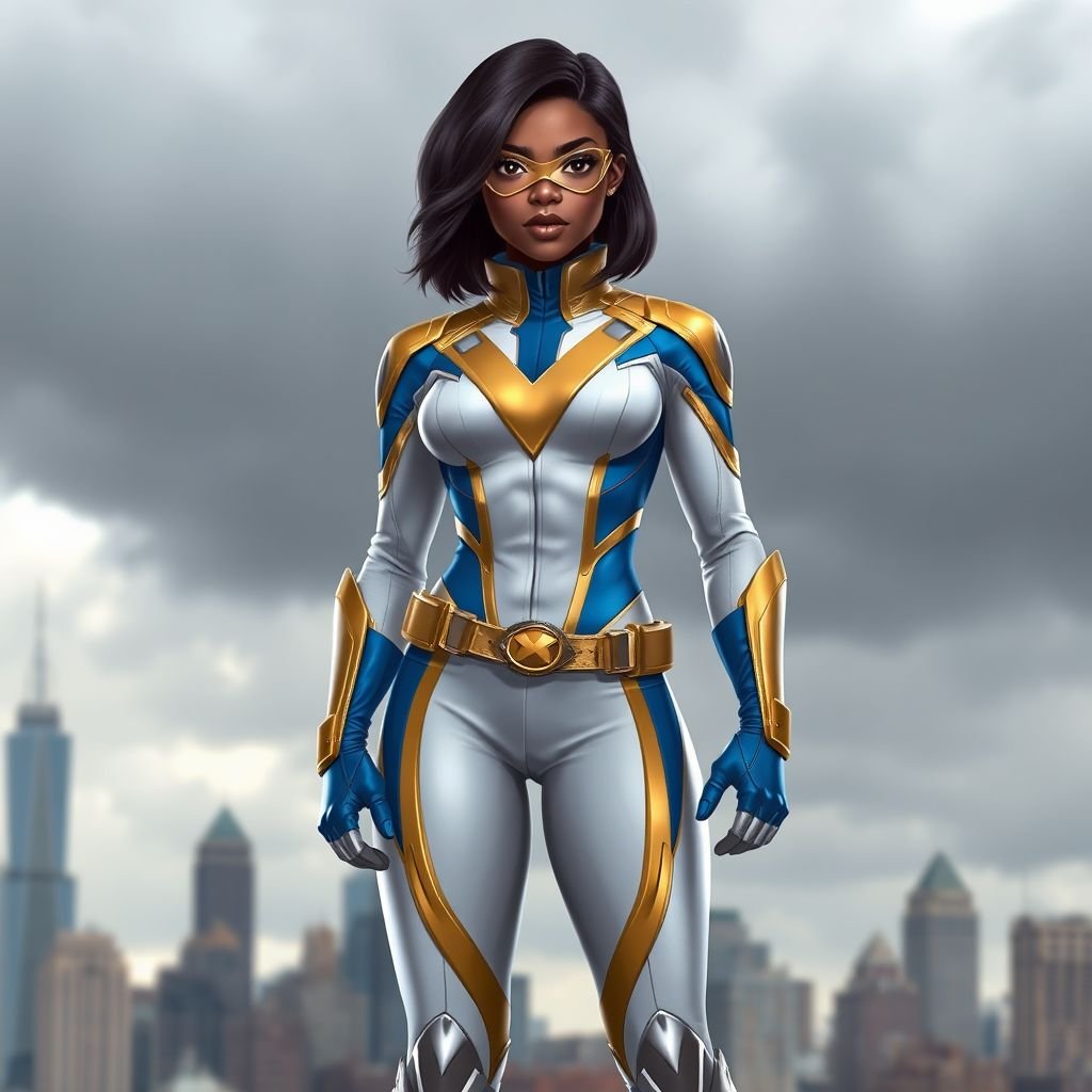 A teenage African American female superhero with hair in a shoulder length side part style wearing a mask wearing a partially leather white and Gold suit with blue accents and a stylized V as her chest emblem a utility belt and silver boots standing in Philadelphia during a cloudy day