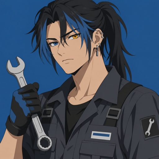 Male, Asian, black ponytail with side bangs on one side blue tips, one blue eye one yellow eye, ear piercing, mechanic
