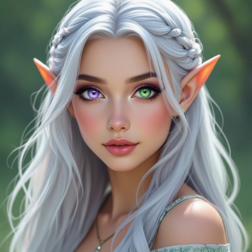 Female elf that has silver hair and one lavender eye and one mint green eye