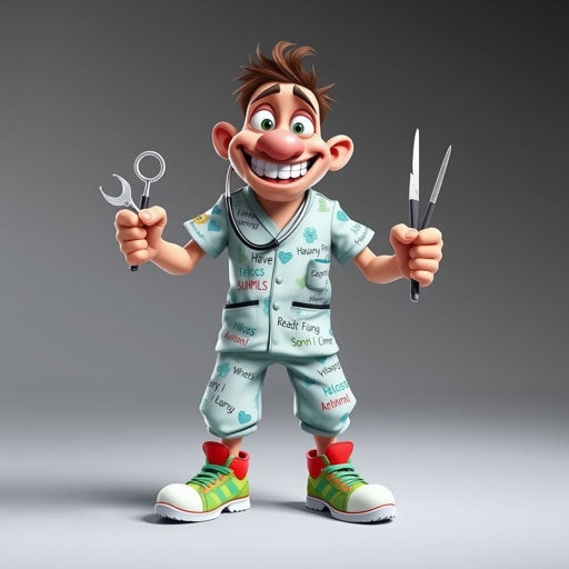 create a doctor. Who is funny human looking from head to toe. And he always immediately results to surgery for anything even small things. So please be sure to show his whole outfit head to toe. Make him have only 1 tooth
