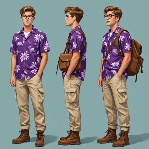 A 19 Year Old man in a Purple Hawaiian Button Up and Beige Cargo Pants. Short Light Brown Hair Glasses and a worn Army Jacket and Brown Hiking Boots and a Brown Leather Saddleback 
