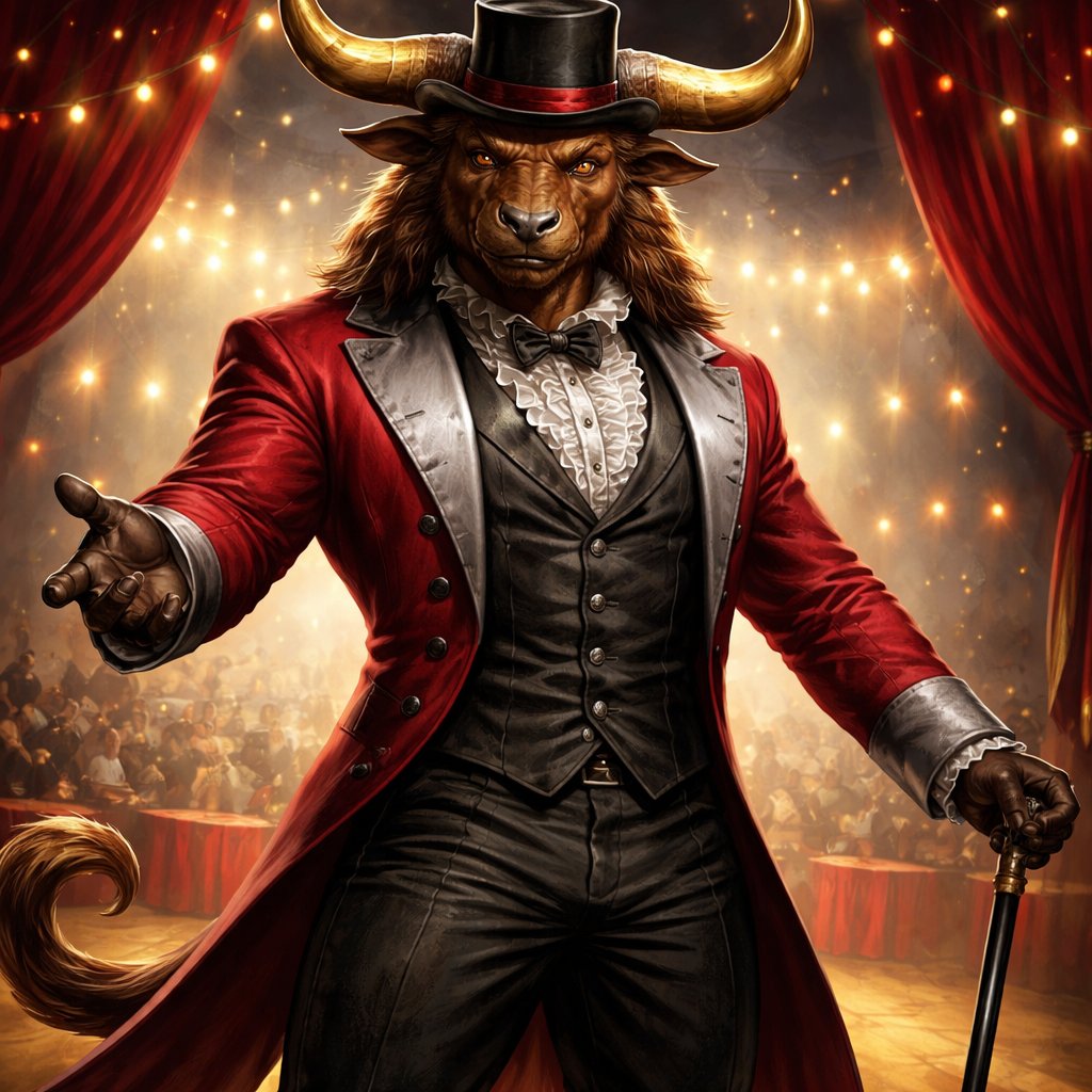 A captivating chestnut brown male Minotaur that’s 6 1/2 feet tall with well~proportioned figure/body with deep set cattle like brown eyes, large powerful gleaming horns like his fathers, a , long tail. He works at freak show as the ringmaster and his abilities are Reality Rejection, Time Manipulation (Chronokineses), Zoolingualism (Language of Cattle only), Human Speech. His outfit consists of a crimson tailcoat, stunning silver grey blazer, black pants and top hat.