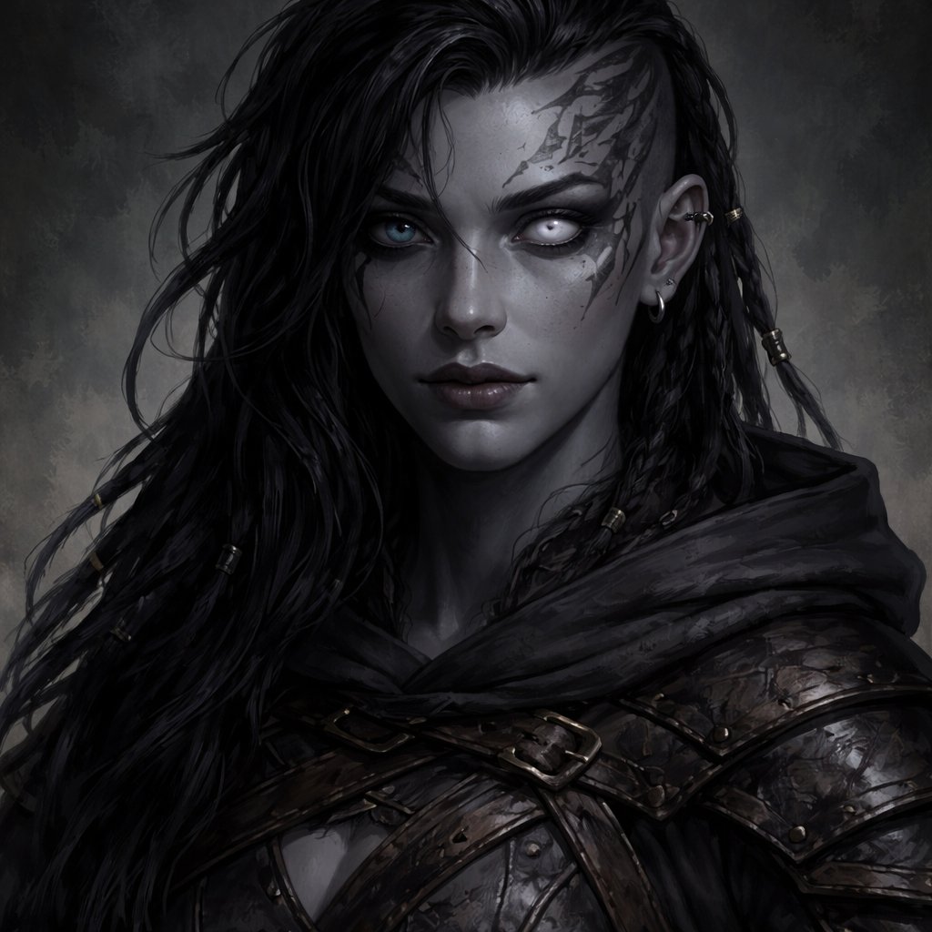 A female goliath from dnd with grey skin, the right eye is dark blue and the left is completely fogged over she is blind in the left eye. Her har is black and she is a rouge. She has two tattoos that start at a point under her eyes and goes into her hairline. She is 20 and wears a bit more clothes, she is probably wearing a cloak but the hood is not up and she looks androgynous