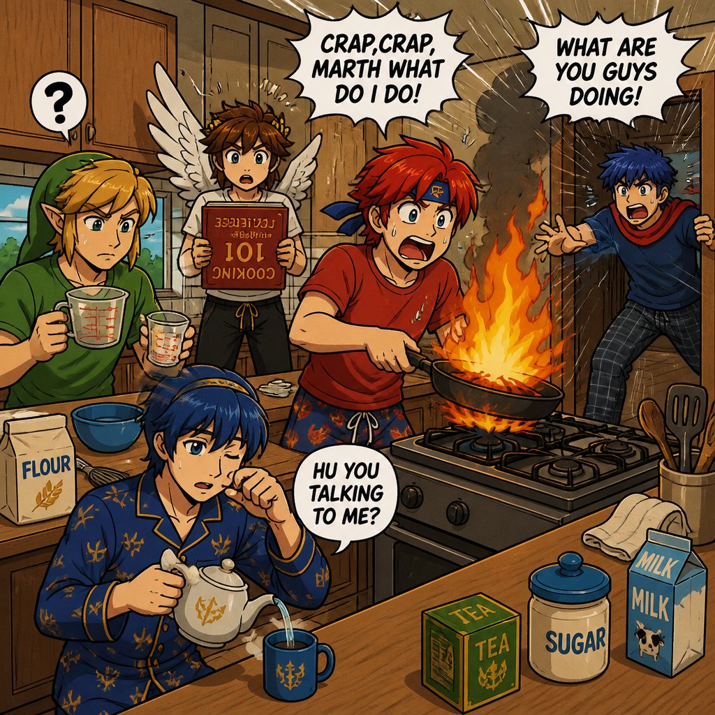 Super smash brothers link from legend of Zelda, pit from kid Icarus, Marth from fire emblem,Roy from fire emblem,Marth is in pajamas there trying to make breakfast Roy in casual clothes accidentally got pancake batter on himself holding frying pan that caught on fire saying"crap,crap,marth what do I do!" link trying to figure out which measuring cup to use casual clothes ,pit trying to read the cookbook but it's upside down and he can't read wearing casual clothes,Marth wearing his pajamas making himself some tea with a tired face expression Marth sleepily replies to Roy saying "Hu you talking to me?" Ike from fire emblem wearing casual clothes runs in the kitchen with a freaked out face expression saying"what are you guys doing!"