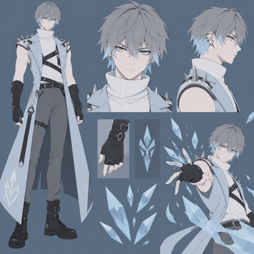 Male, pale, pale blue eyes, grey choppy short hair with light blue tips, white turtle neck, light blue sleeveless long coat, long fingerless gloves, grey pants, belts across chest, spiked on shoulders, emotionless, ice powers,  