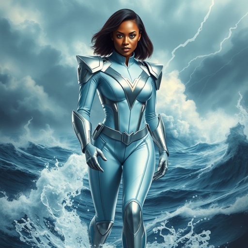 African American female superhero with hair in a shoulder length side part hairstyle with pure Gold eyes wearing a leather slightly armored light blue white and silver suit with light blue pants and silver boots and a V as her chest emblem controlling a storm in the Pacific Ocean