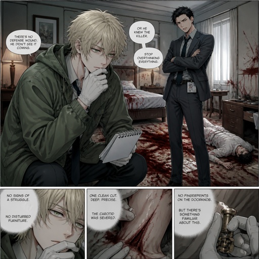 Anime Male great detective takes his job real seriously and is really good at it in his mid 20s with medium really crazy messy light blonde hair, tall thin, tied, strange green eyes wearing a baggy loose mossy green jacket tired face thinking hard about the crime scene and talking to his partner about it, partner looking annoyed at him but also concerned about him but also trying to take this case seriously they are talking about the crime scene and what could have happened and who would do this, crime scene is in hotel room, very gruesome one, no one new the person was even there and was only found out today making it harder to figure it out but the detective won't give up and do whatever he can His past was not great he had red hair and blue eyes before changing his hair and eye colors his family hatted him, he was born with the ability to camouflage and is able to change his colors which is how he got his blond hair and blue eyes