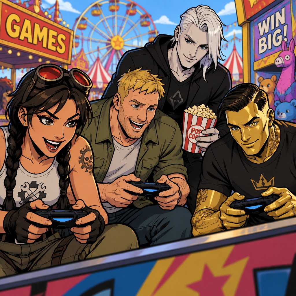 Jules from Fortnite, Jones from Fortnite stubble , Kado Thorne from Fortnite pale white hair, Midas from Fortnite, all at a fair, playing games, all wearing casual clothes
