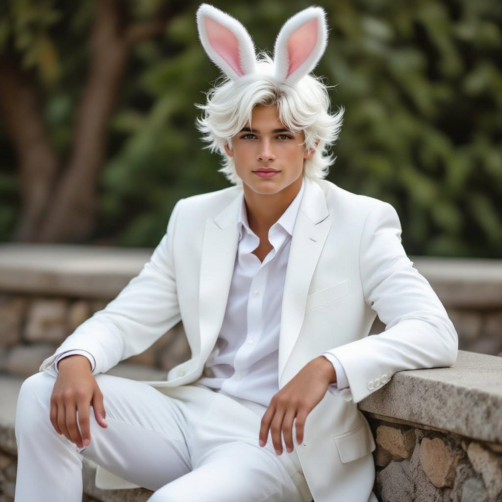 Hot teenage boy in a white suit with white hair and bunny ears 
