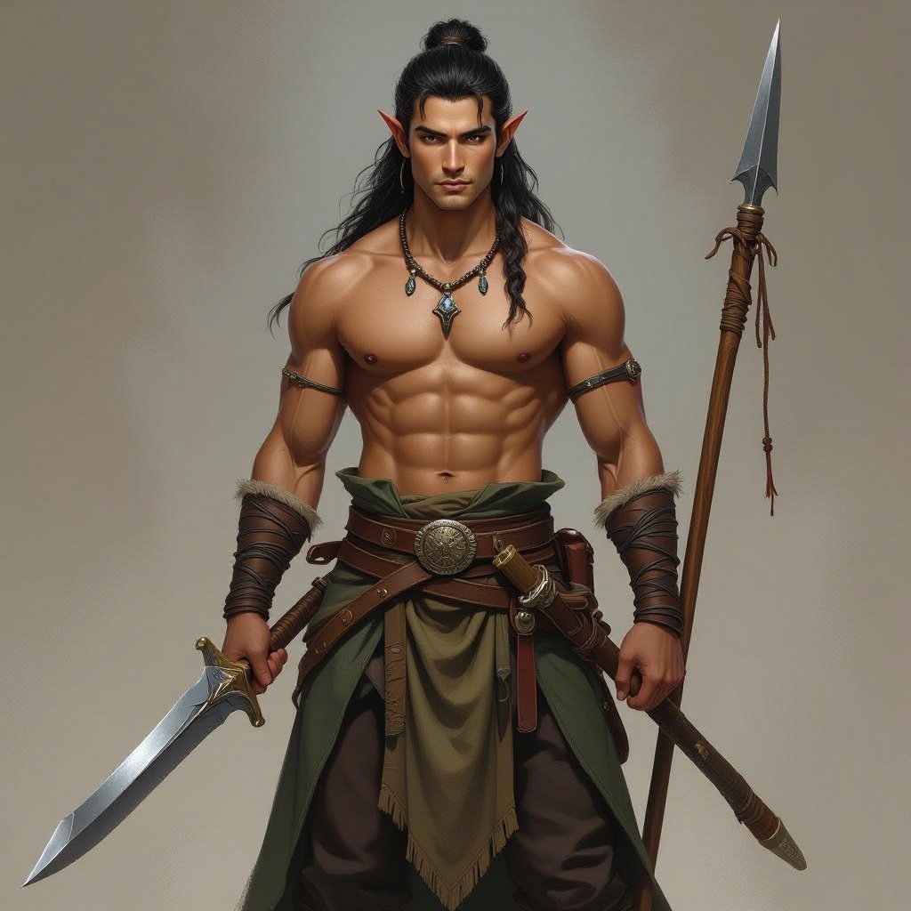 Male air genasi druid, 5’6, 130 pounds, brown eyes, black hair, tan skin, 20 years old, holding a curved sword and a spear 