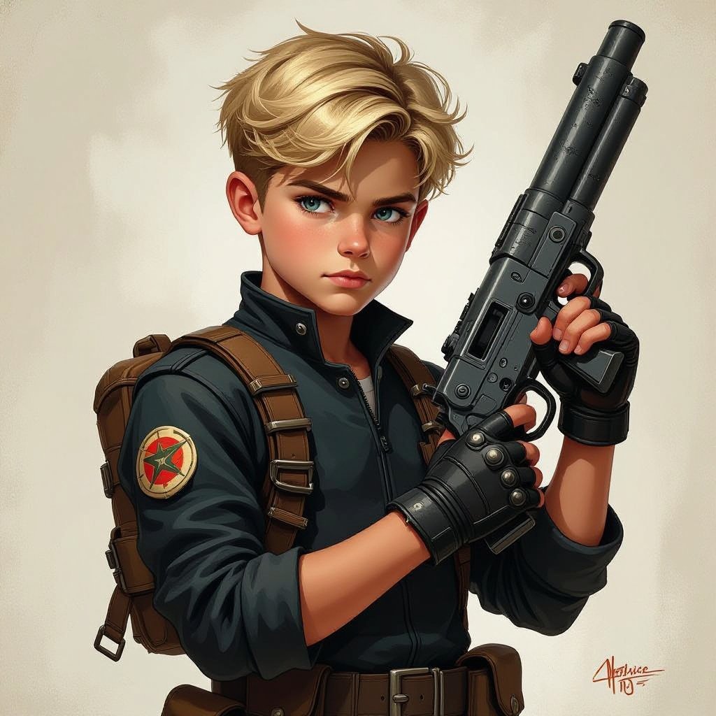 Dirty Blonde short hair teenage boy with dark training outfit on and a training hand used weapon 