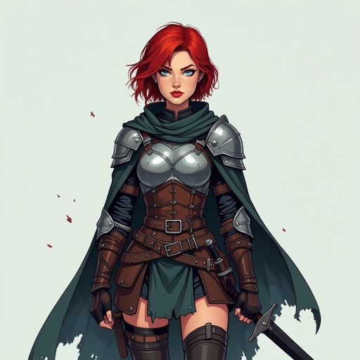 Portrait, female, human, knight, short red hair, leather armor, belts, black sword, light blue eyes, freckles, tattered cloak