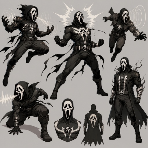 Male superhero with scream powers, mask looks like the the scream, multiple of the same character 