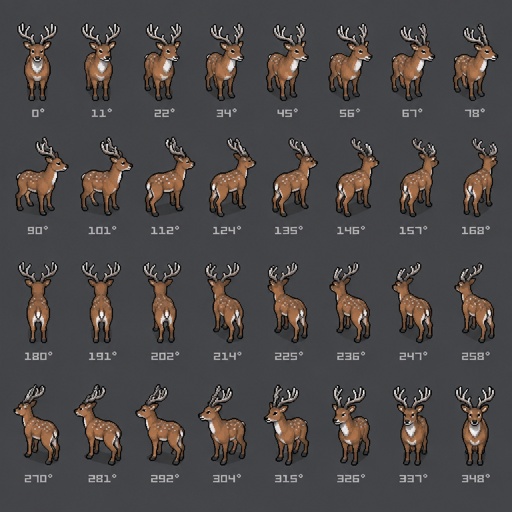 Animal deer for a fantasy game set in modern times, top-down style, 360, different colors