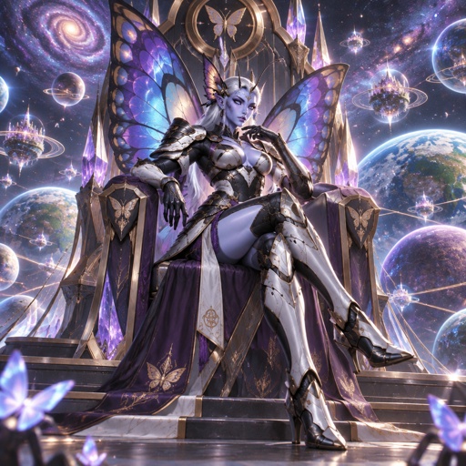 a woman sitting on top of a throne surrounded by stars