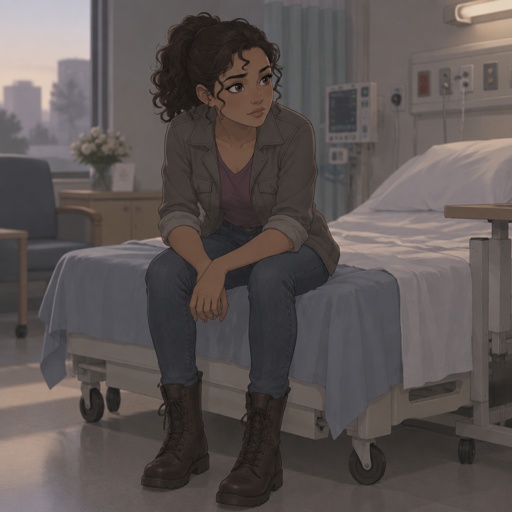 Female, tan skin, brown eyes, pointy nose, curly ponytail, curl in the middle of her forehead, grey jacket rolled up sleeves, jeans, boots, purple shirt, in the hospital