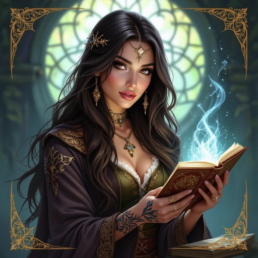 Kobieta człowiek. Ciemnobrązowe  do pasa włosy, brązowe oczy, pełne usta, delikatny makijaż, tatuaże. Wróżka tarota