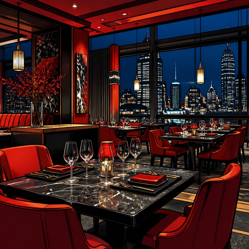 No caricature no speech bubbles no people intense colouring the interior of a high-end bright ultra modern restaurant. realistic.