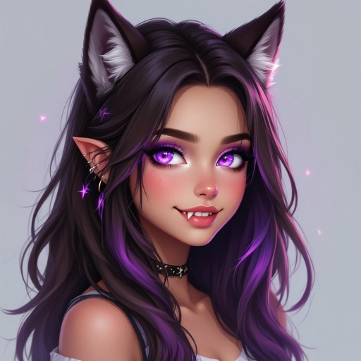 Girl with long brown hair and purple highlights, purple glowing eyes, werewolf ears and fangs