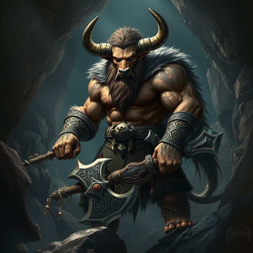 DnD 3.5e Minotaur holding a massive great axe standing alone in a cave