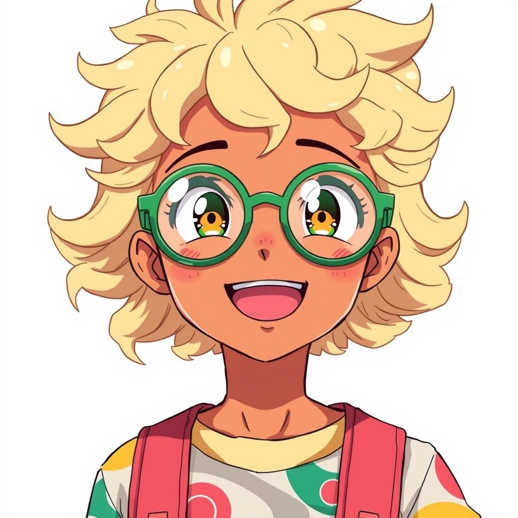 Brown skin , blondeish whiteish curly hair , round green glasses, smiling 
