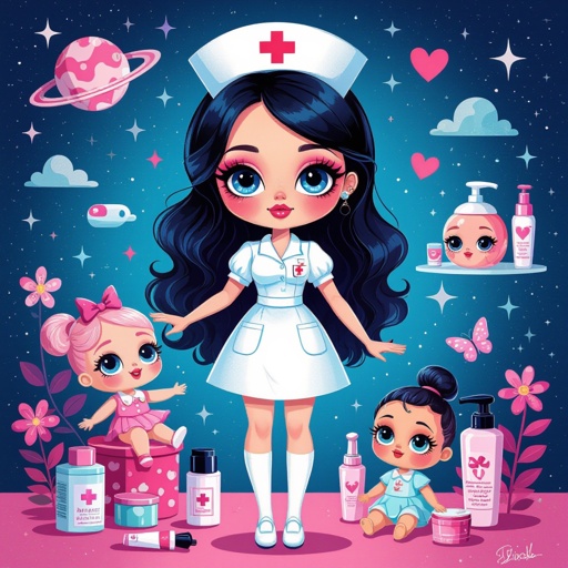 Create a nurse character showing there whole body head to toe, a lady who loves beauty products  
