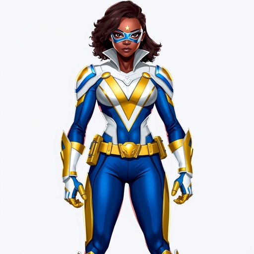 A teenage African American female with shoulder length curly hair  in a side part style superhero  wearing a MASK and a slightly armored white and blue suit with blue pants gold accents and a stylized V as her chest emblem a utility belt and gold boots