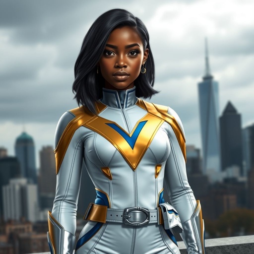 A teenage African American female superhero with hair in a shoulder length side part style wearing a partially white and Gold suit with blue accents and a stylized V as her chest emblem a utility belt and silver boots standing in Philadelphia during a cloudy day