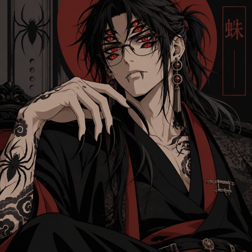 Anime male, hair messy long hair with short ponytail, clean shaven, highly skilled tall, in late 20s, migraines, sarcastic ,red glowing eight eyes , serious face,been experiment on for many years until finally found and rescued hates people, has power, dangerous, glasses, loves spiders, nice big earrings,tattoos on arms, agrees to help people but on his terms, doesn't remember anything from his past before except the experiments, long scary fingers, spider fangs, traumatized