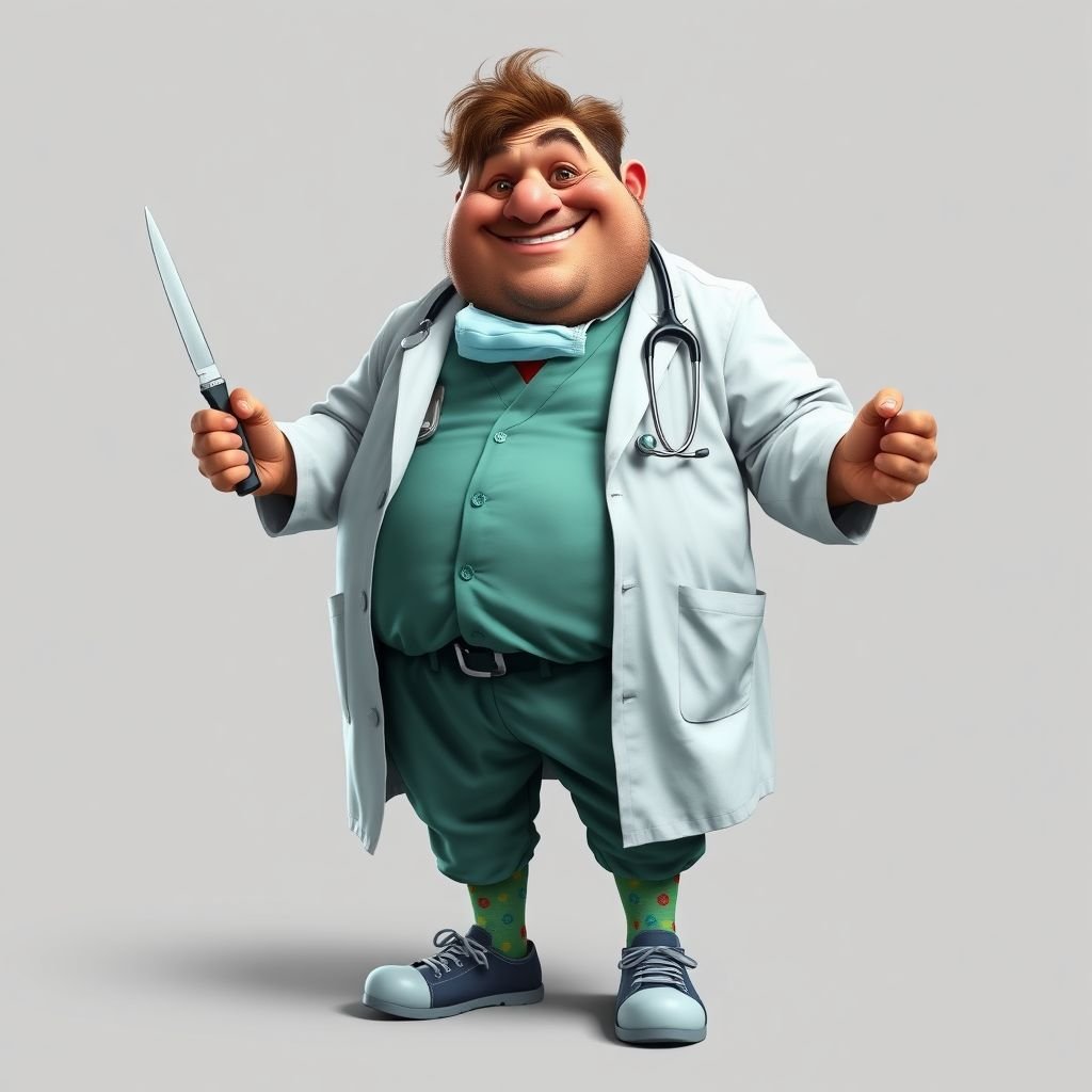 .. create a fat doctor. Who is funny human looking from head to toe. And he always immediately results to surgery for anything even small things. So please be sure to show his whole outfit head to toe. Make him have 1 tooth. Make it more adult humor instead of cartoon humor.